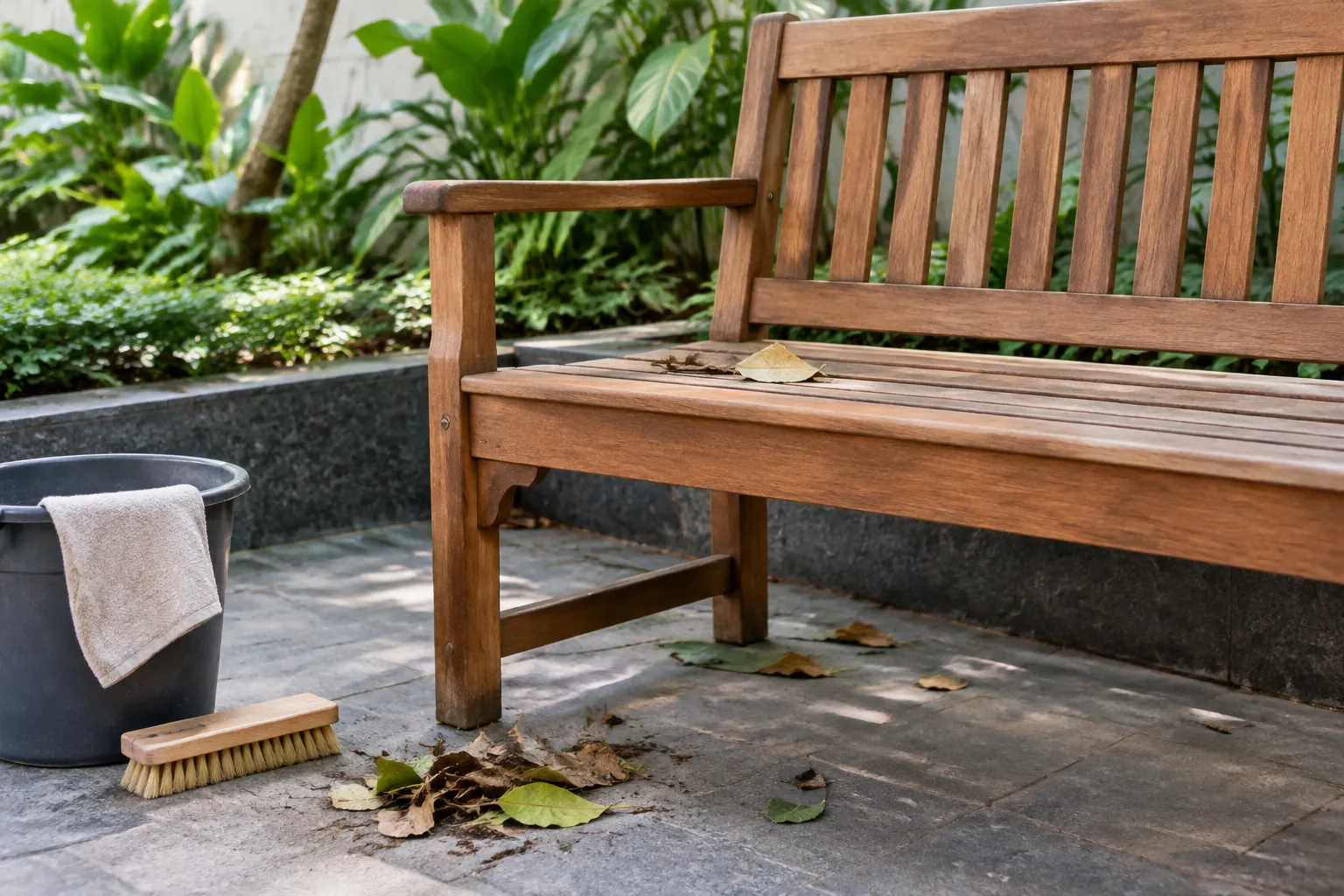 Bangku kayu luar ruang dengan daun dan alat pembersih di dekatnya