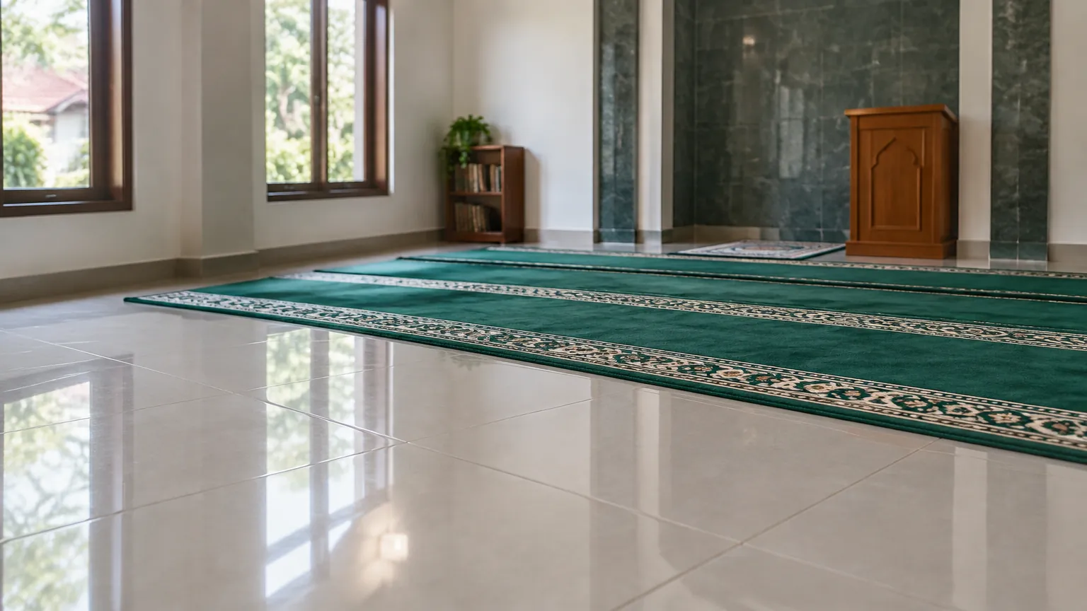 Mushola dengan karpet hijau dan lantai batu terang