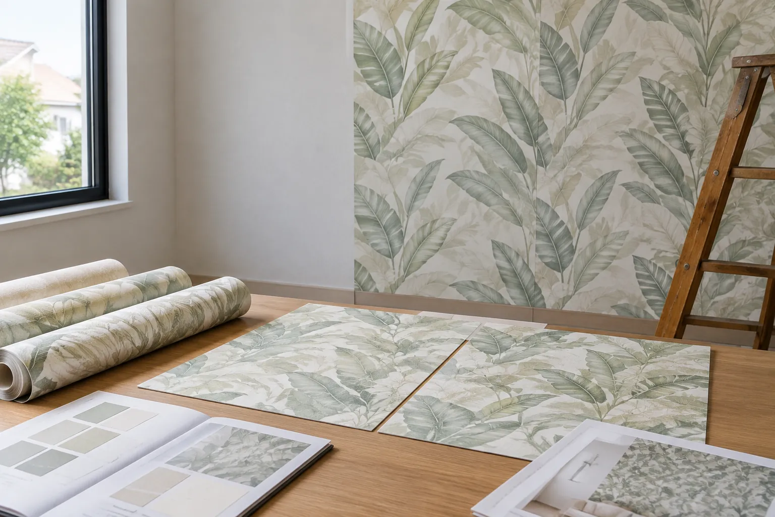 Sampel wallpaper bermotif daun di dinding dan meja