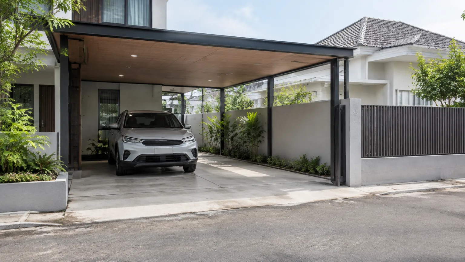Carport beratap lebar dengan sisi terbuka ke halaman
