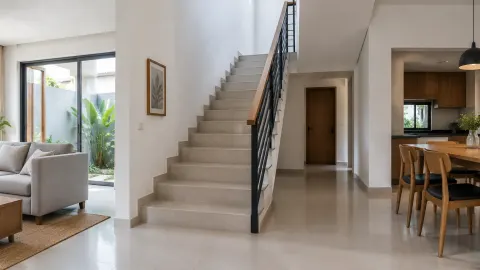 Tangga di tengah rumah menghubungkan ruang duduk dan dapur