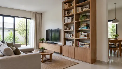 Rak kayu tinggi di ruang keluarga