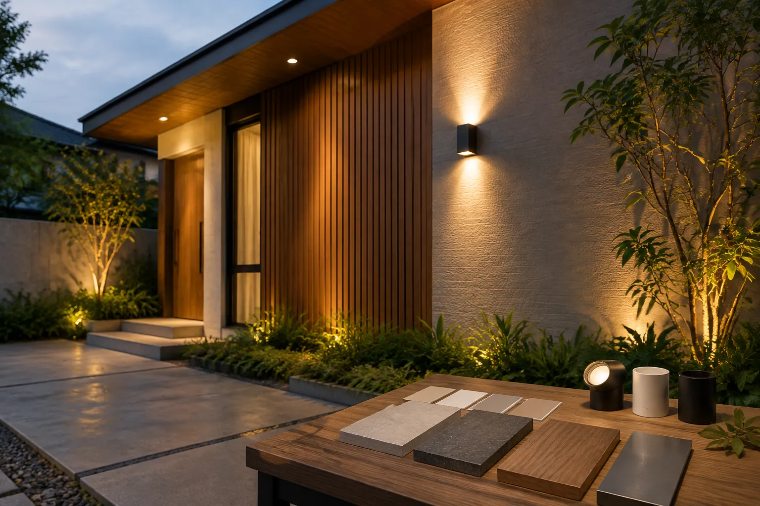 Fasad rumah dengan lampu dinding dan contoh warna bahan di meja