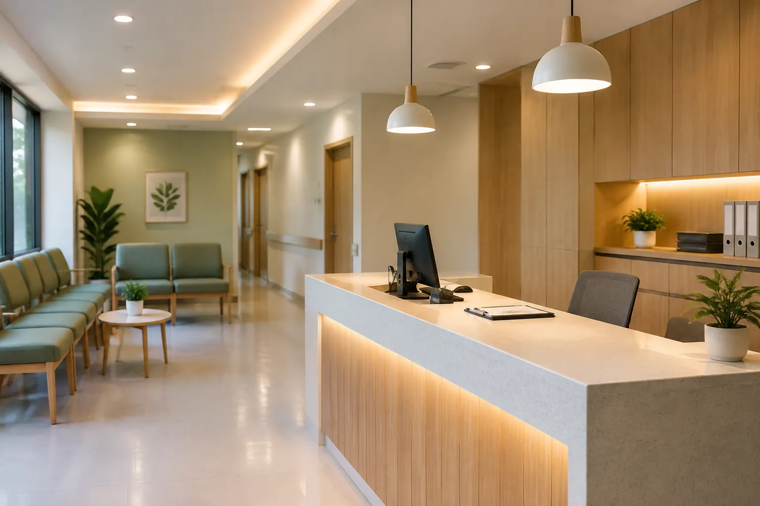 Area resepsionis dan tempat duduk klinik yang terang