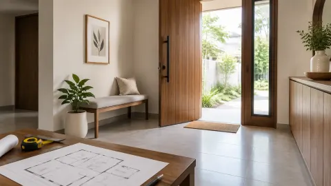 Foyer rumah dengan pintu masuk dan gambar rencana di meja