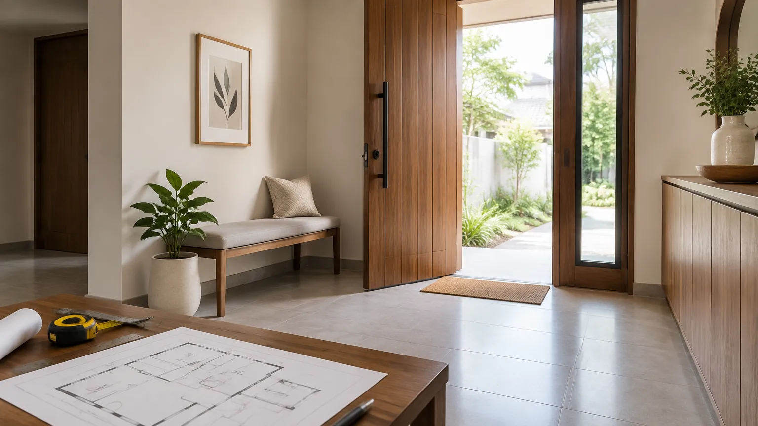 Foyer rumah dengan pintu masuk dan gambar rencana di meja
