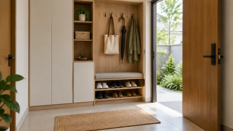 Foyer dengan rak sepatu, gantungan, bangku, dan pintu masuk