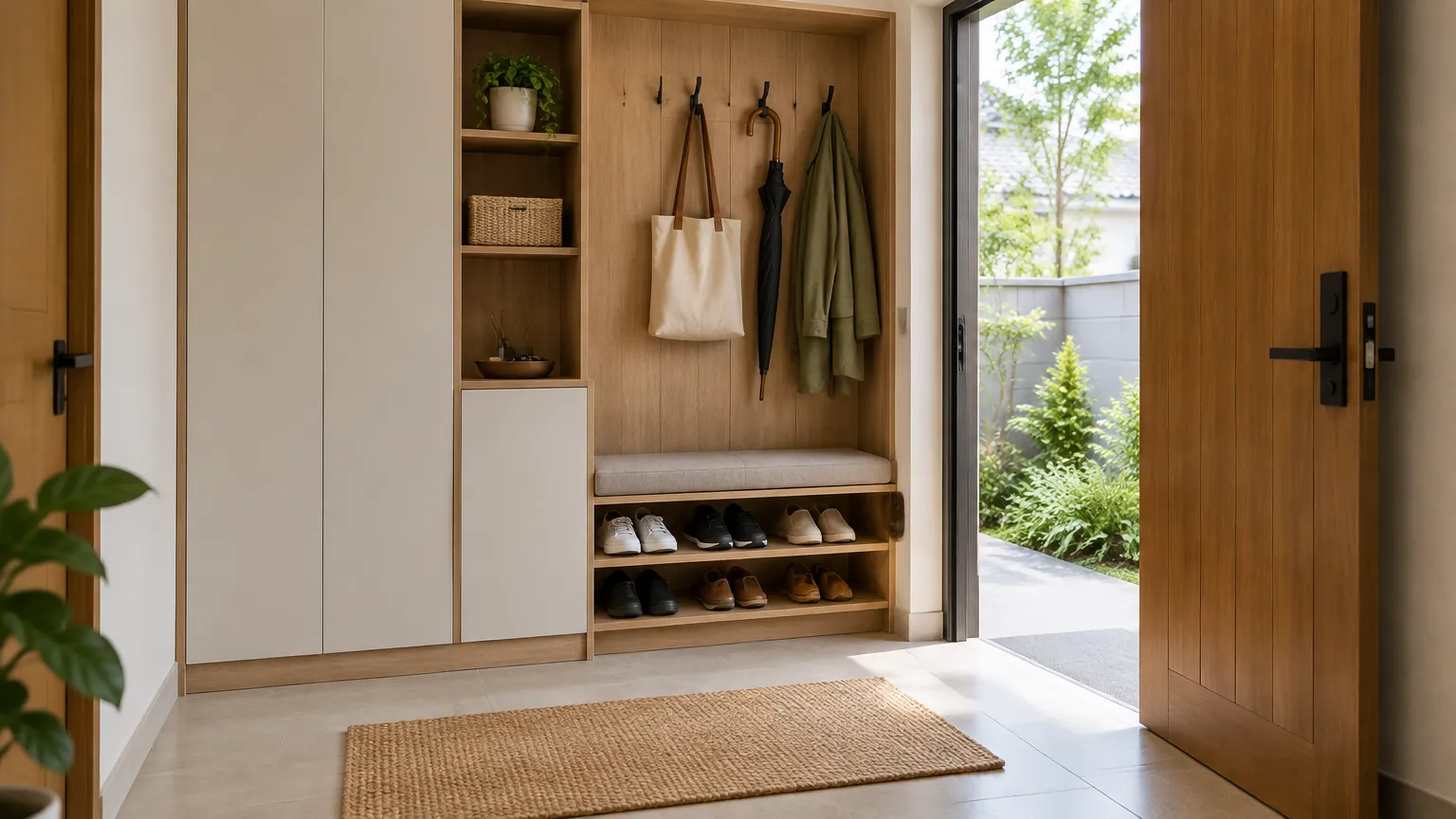 Foyer dengan rak sepatu, gantungan, bangku, dan pintu masuk