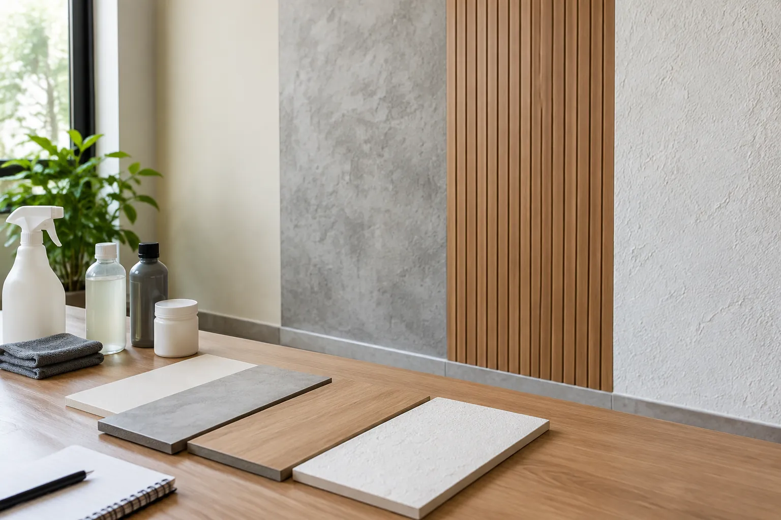 Contoh bahan dinding di meja depan panel bertekstur dan bilah kayu