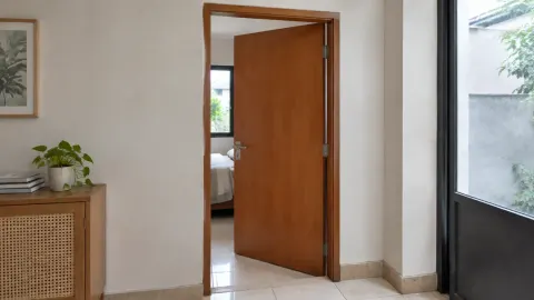 Pintu kayu terbuka di antara dua ruang rumah