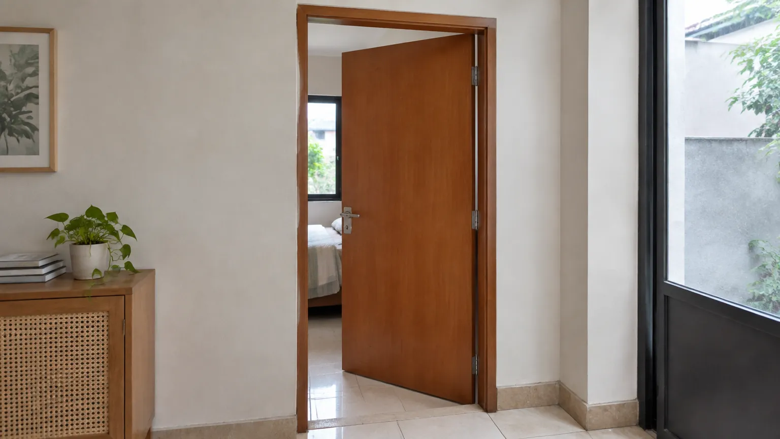 Pintu kayu terbuka di antara dua ruang rumah