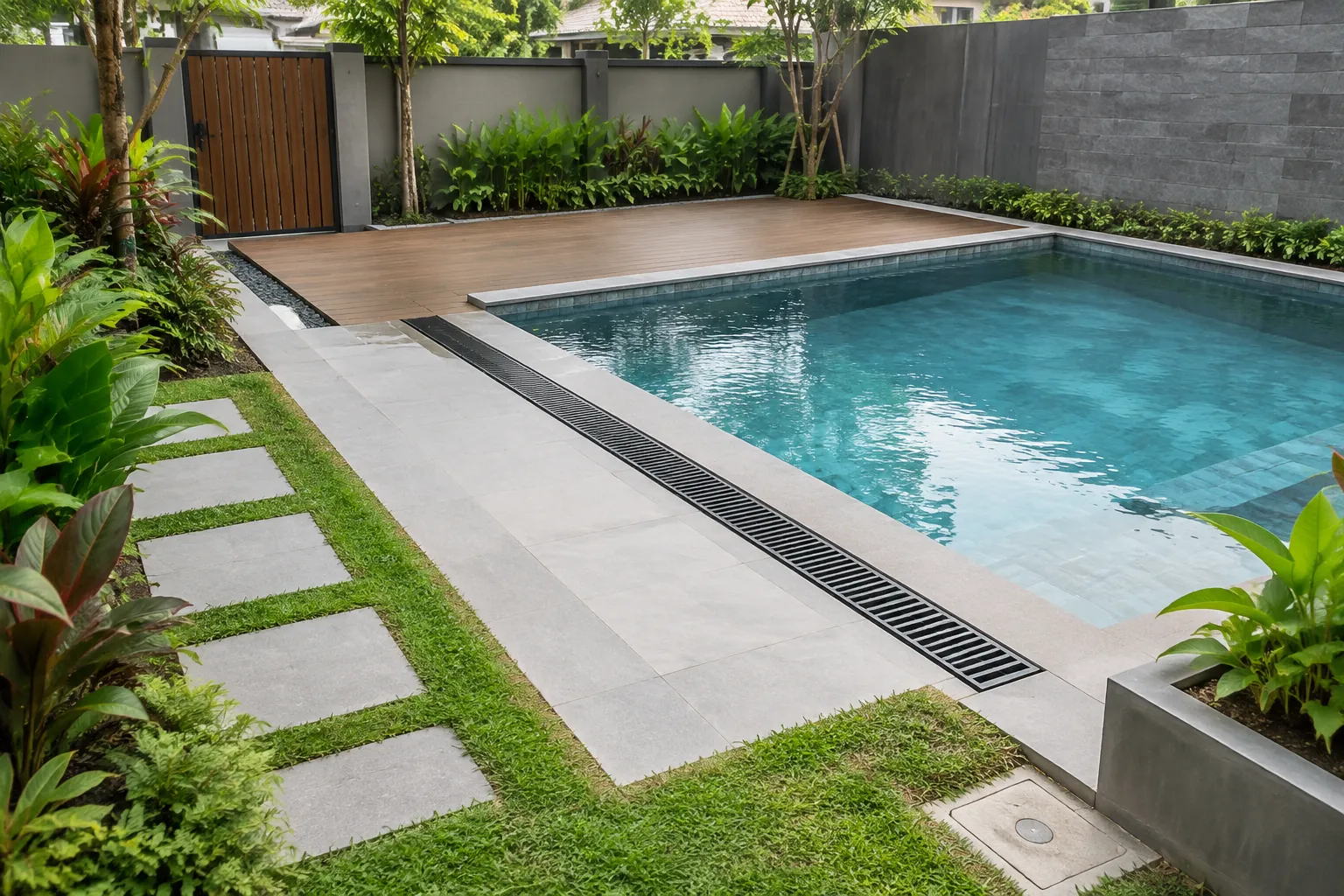 Saluran linear mengikuti sisi deck kolam dan taman