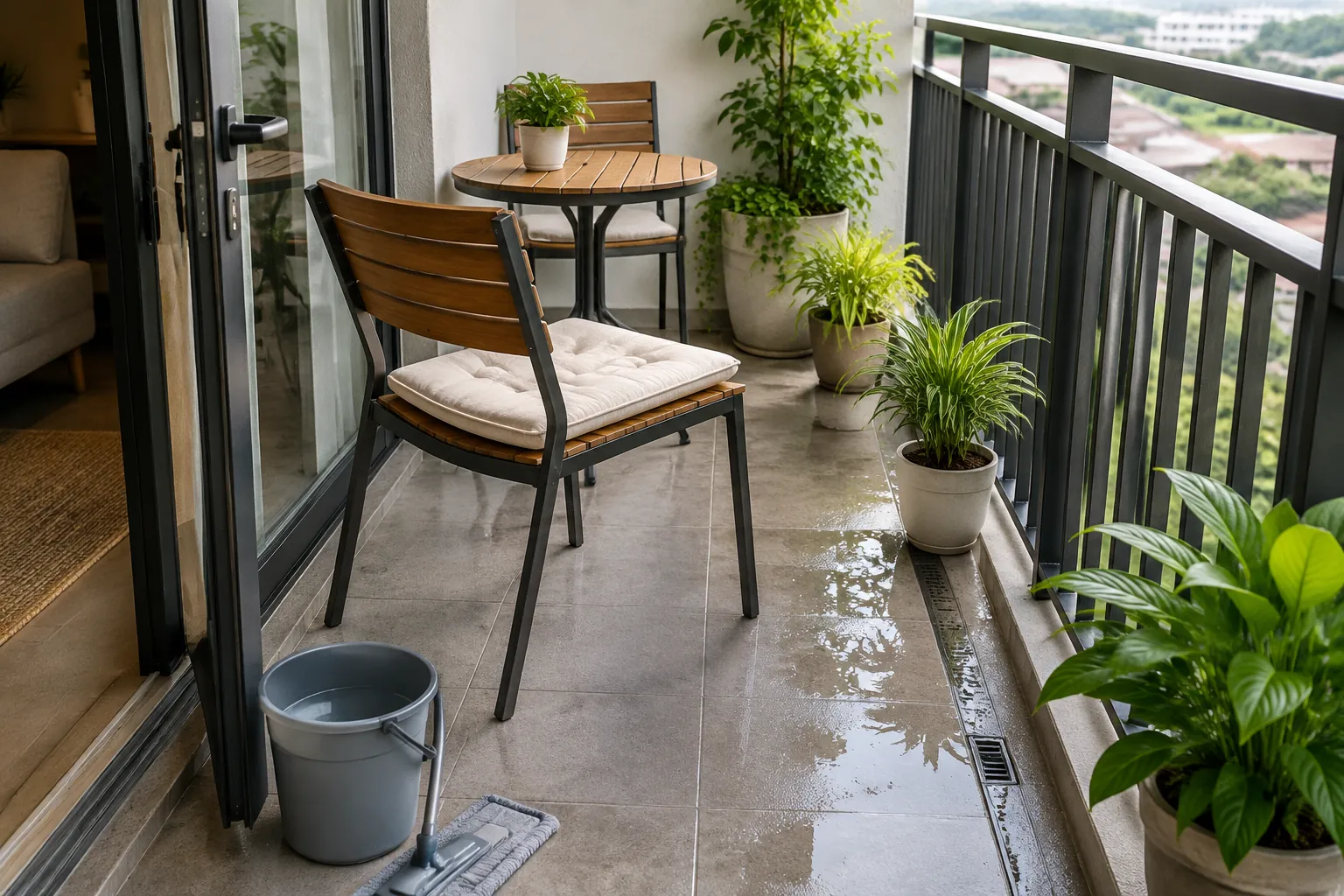 Balkon dengan kursi, tanaman, ember, dan lantai basah