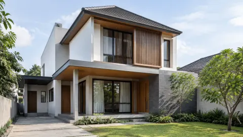 Rumah dua lantai dengan peneduh dan bidang kayu pada fasad
