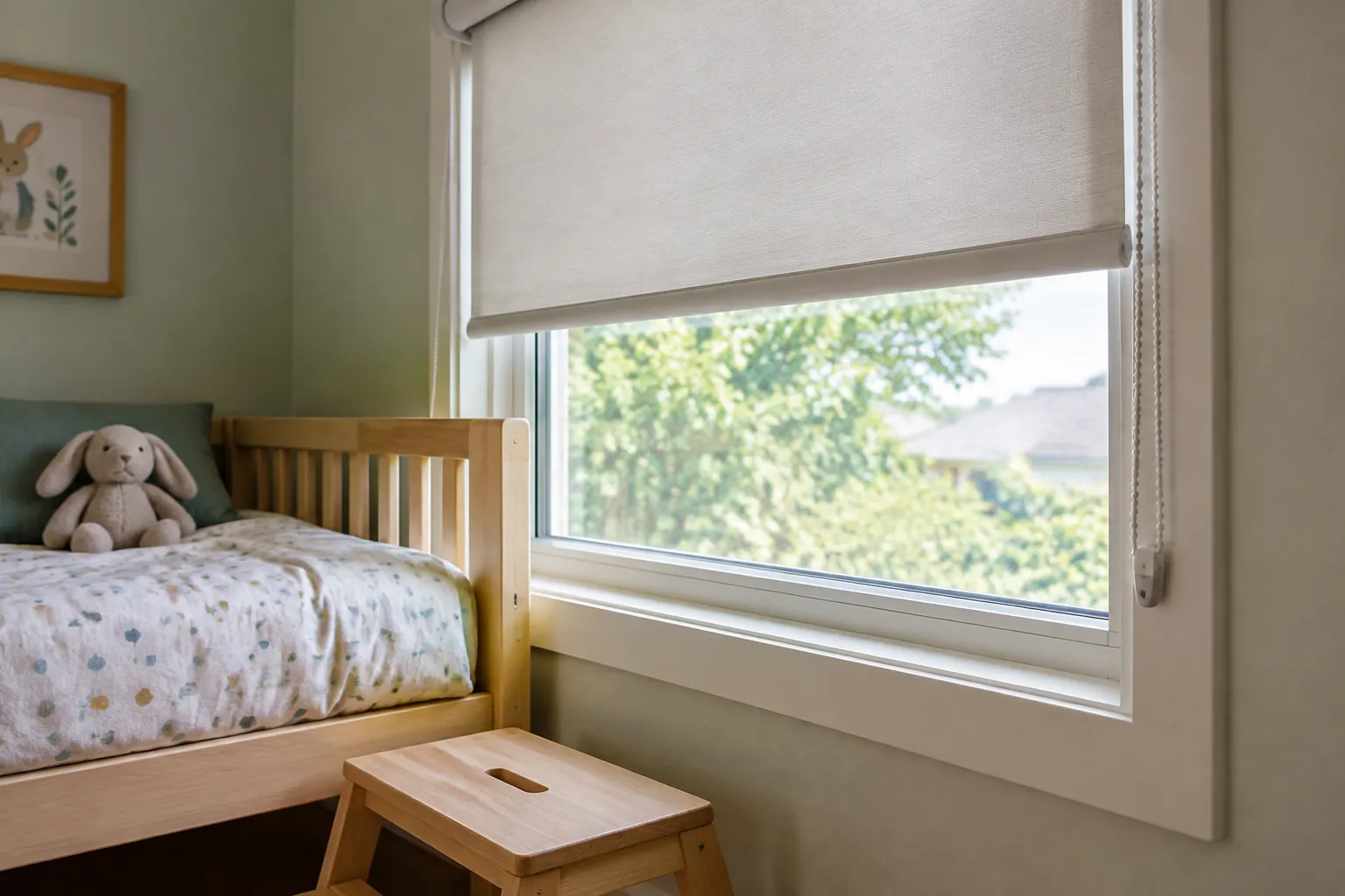 Shading jendela di dekat tempat tidur pada kamar kecil
