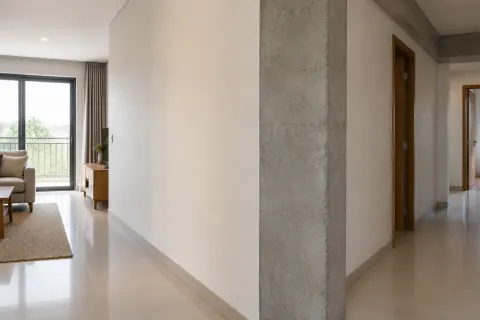 Kolom beton dan dinding pembatas di interior rumah