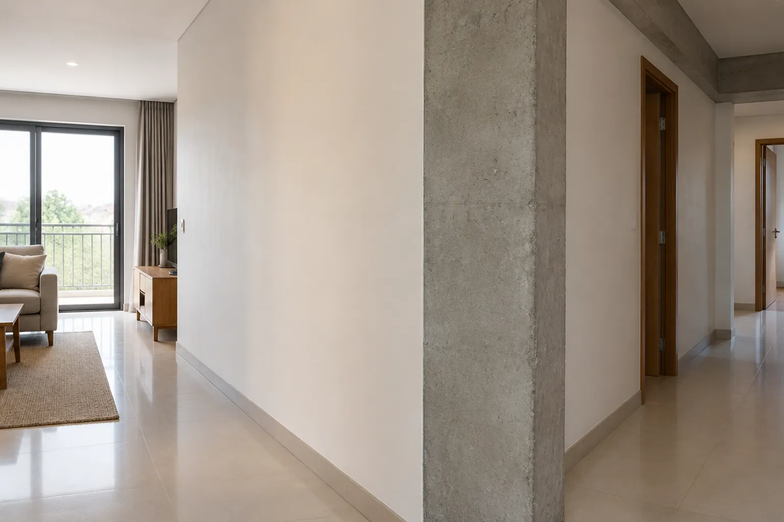 Kolom beton dan dinding pembatas di interior rumah