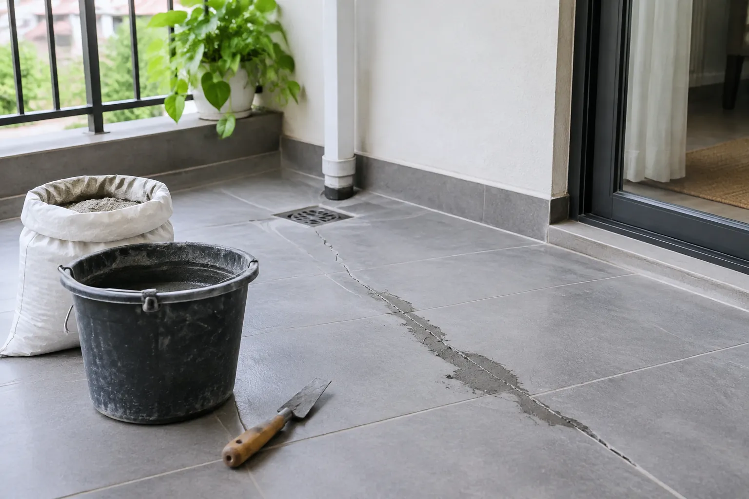 Retak memanjang tampak pada lantai luar ruang dekat pintu
