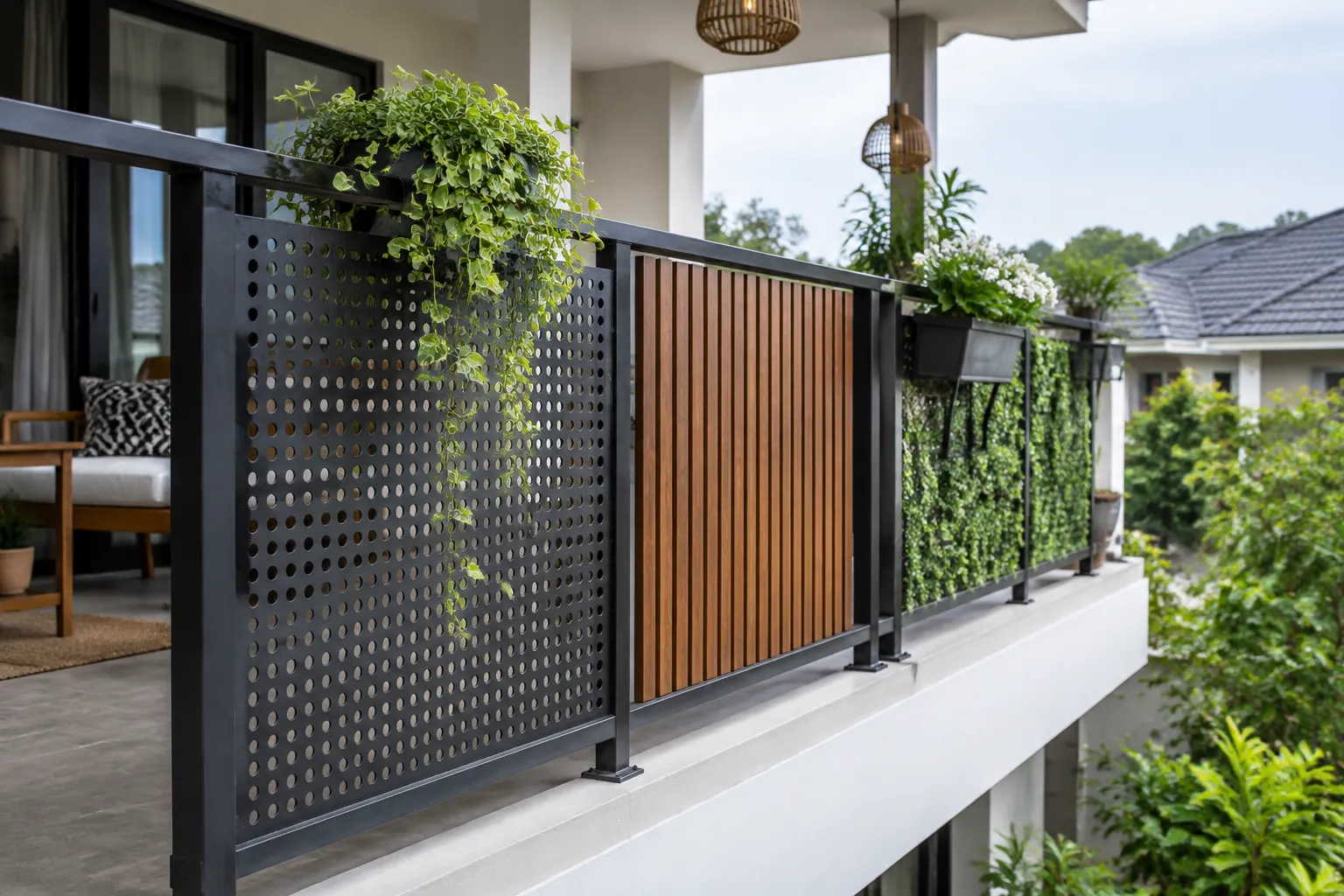 Tanaman dan panel dekoratif berada di dekat pagar balkon