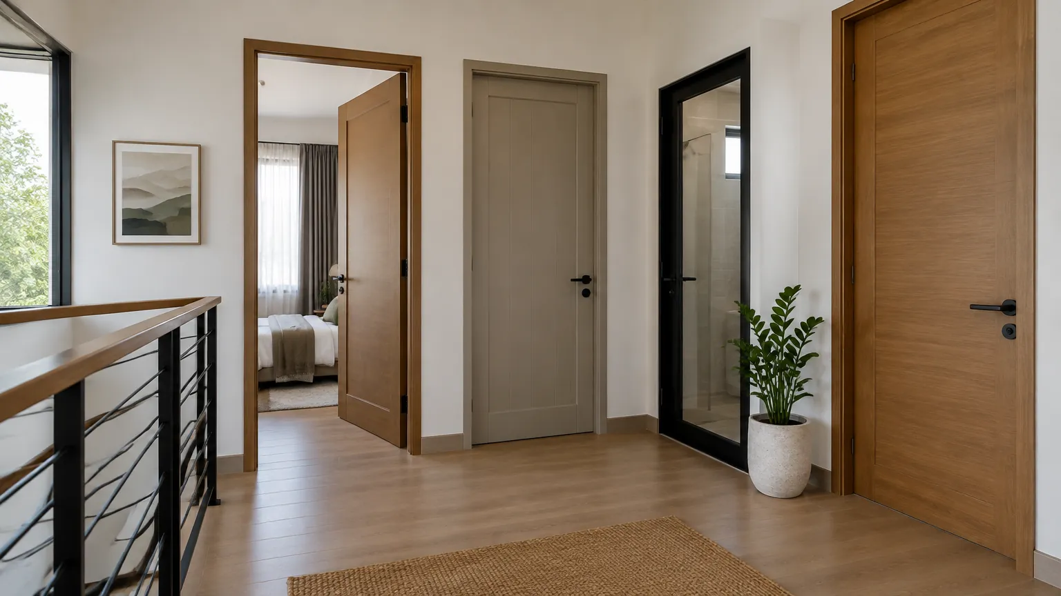 Beberapa pintu dengan finishing berbeda pada area rumah