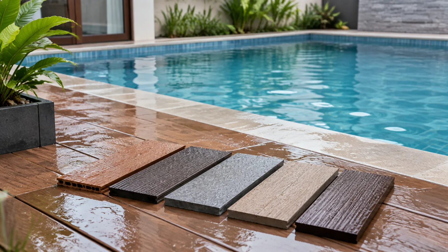 Sampel bahan dek kolam di atas permukaan yang basah