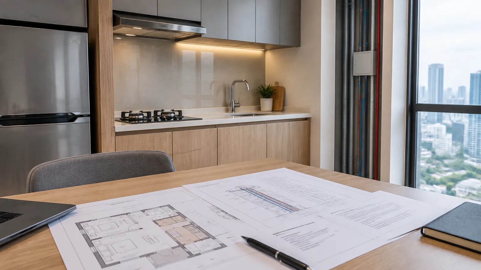 Denah apartemen di meja depan dapur kecil
