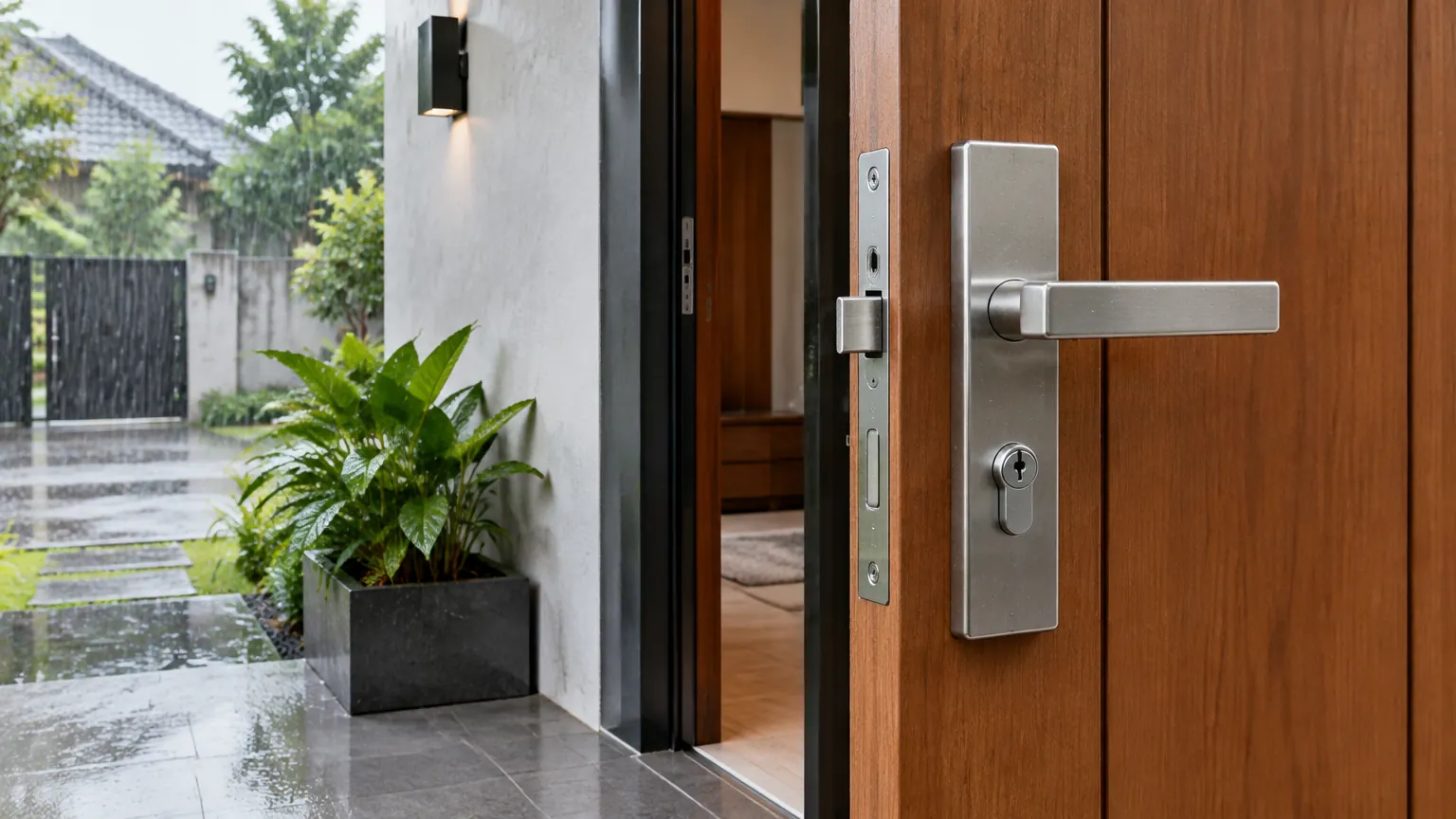 Gagang dan kunci pada pintu luar rumah