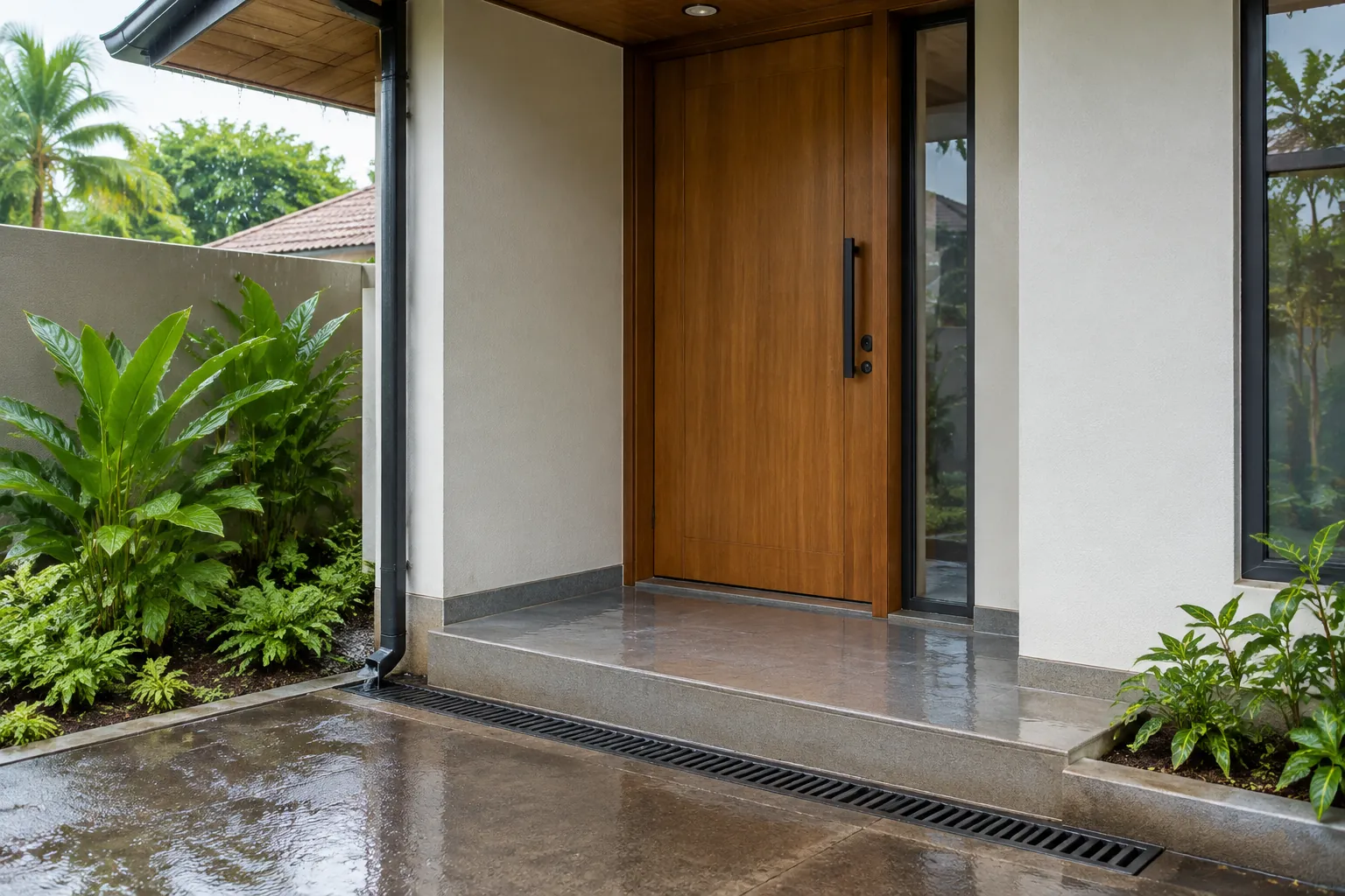 Pintu kayu luar dengan ambang dan saluran drainase di depannya