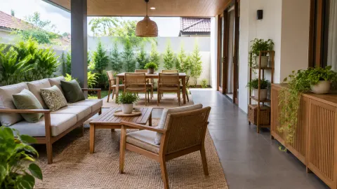 Teras dengan kelompok kursi duduk dan meja makan dekat taman