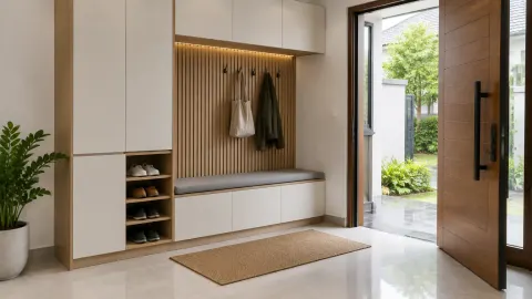 Foyer dengan kabinet sepatu dan bangku dekat pintu