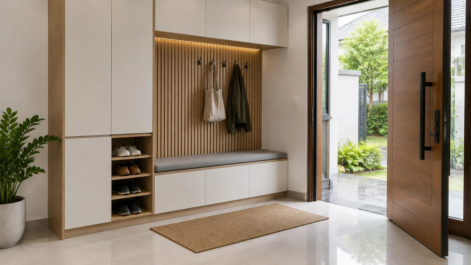 Foyer dengan kabinet sepatu dan bangku dekat pintu