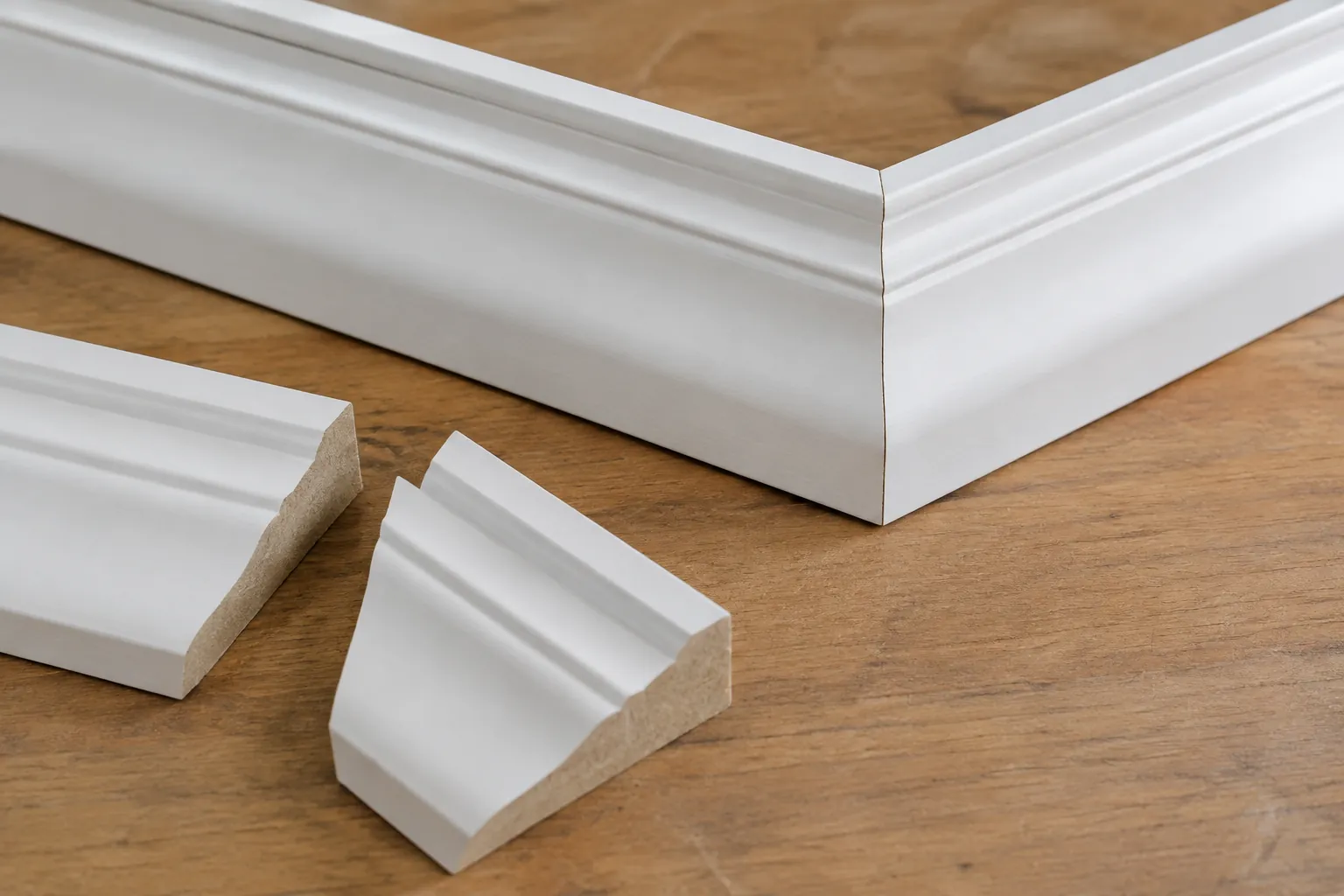 Sudut trim putih tersambung pada contoh panel kayu