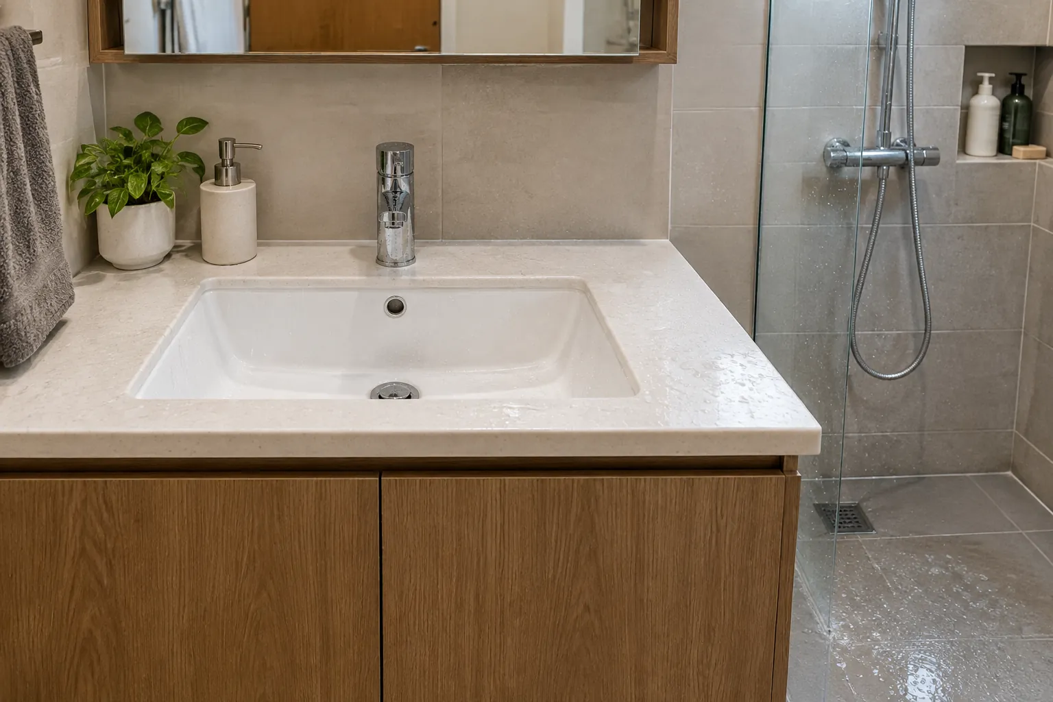Wastafel meja berada di dekat area shower