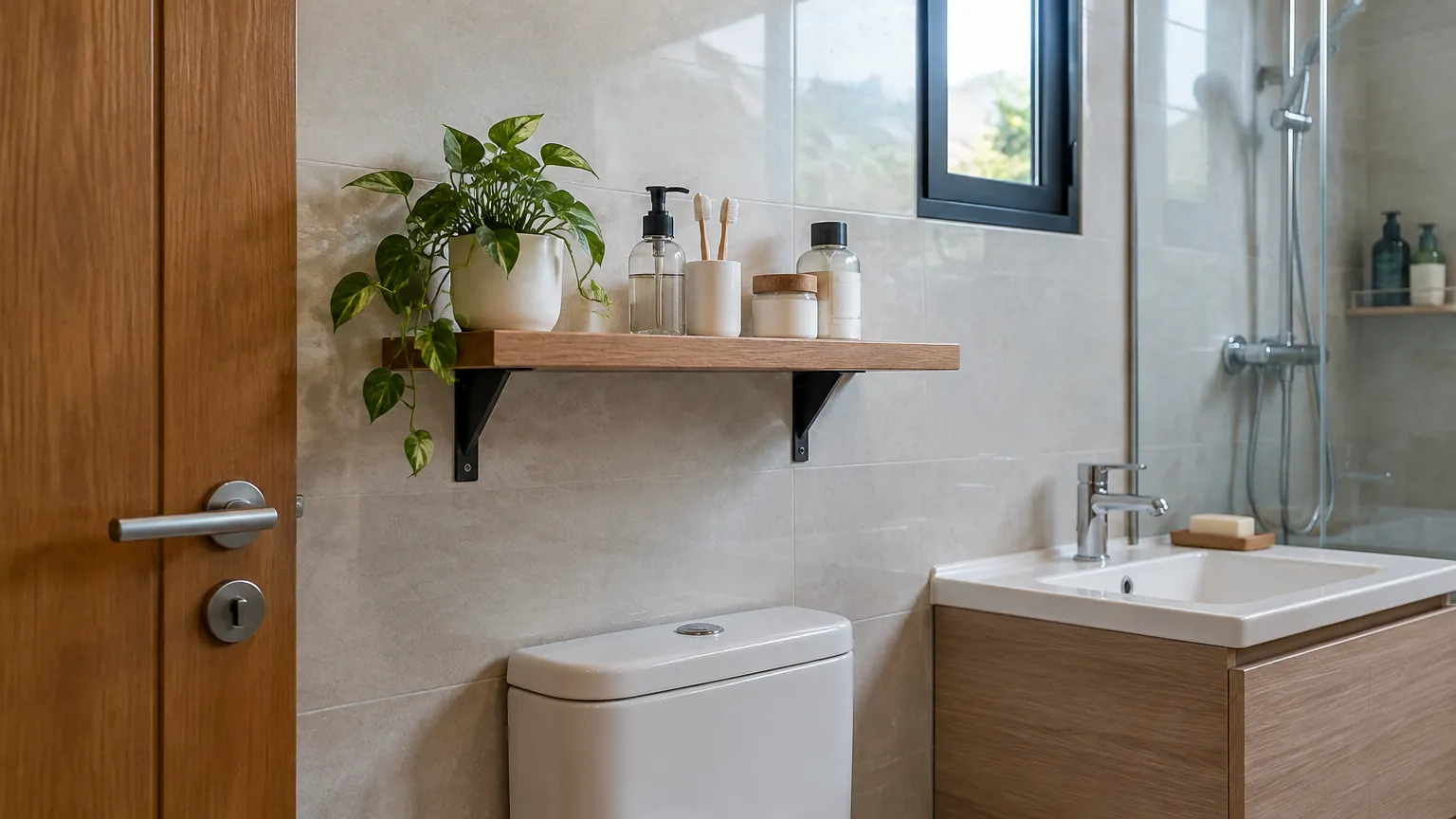 Rak gantung di atas toilet kamar mandi