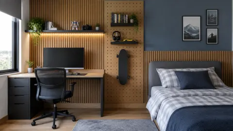 Kamar remaja dengan panel dinding biru dan meja belajar