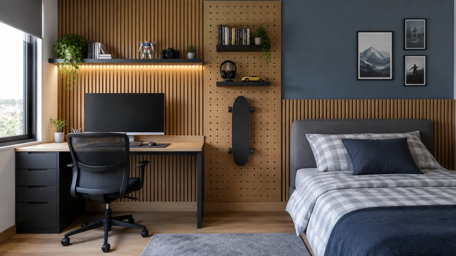 Kamar remaja dengan panel dinding biru dan meja belajar