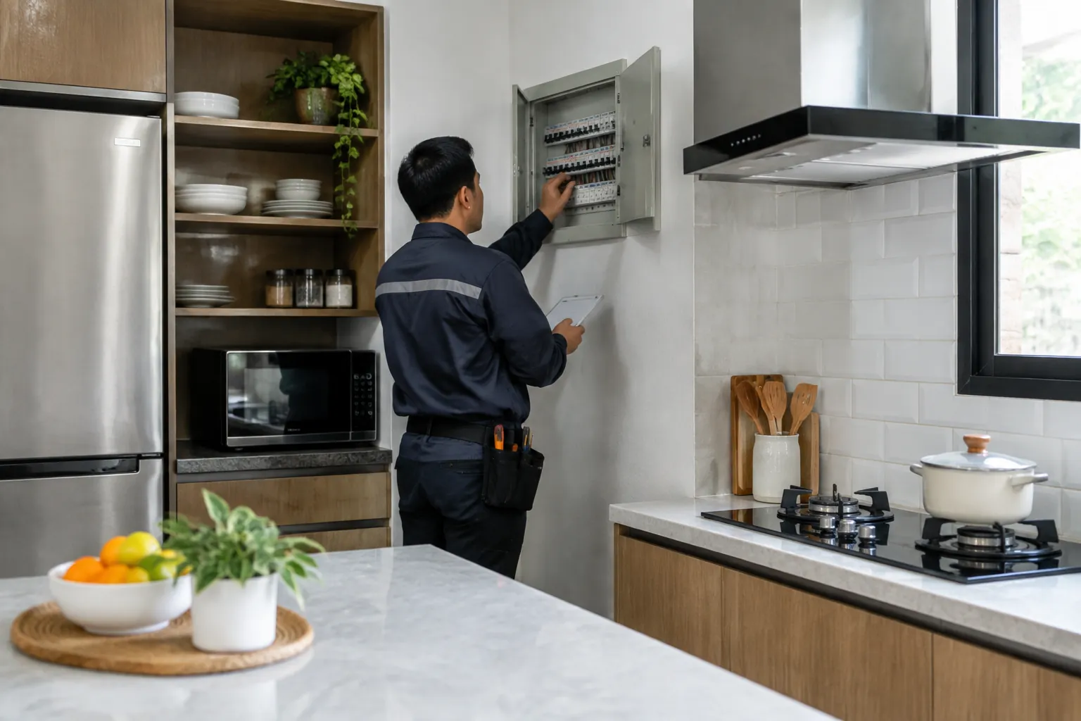 Teknisi memeriksa panel listrik di dapur