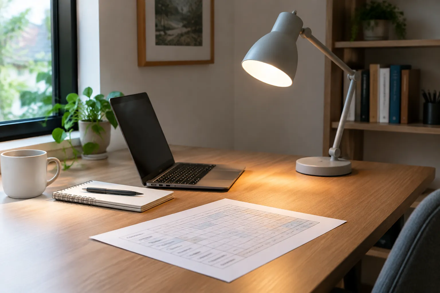 Lampu meja menerangi kertas di samping laptop