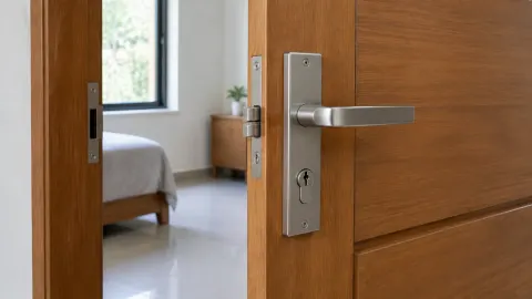 Gagang dan rumah kunci logam pada pintu kayu yang terbuka