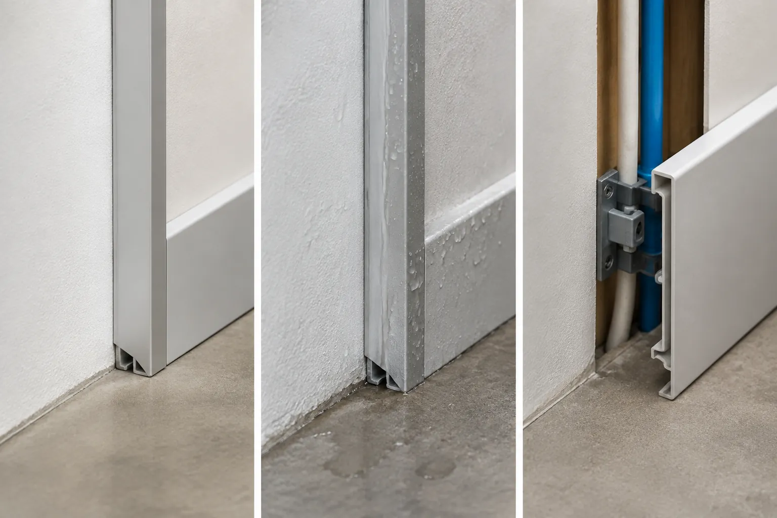 Detail trim pintu dengan pengikat dan bagian dinding terbuka