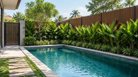 Kolam renang di dekat pagar dan taman rumah
