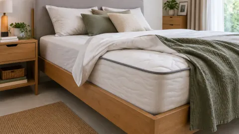 Sudut kasur di atas rangka kayu dengan tekstil putih dan selimut hijau.