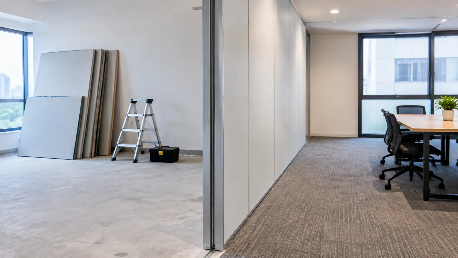 Partisi ruang kantor dalam proses pemasangan dengan panel dan tangga kerja