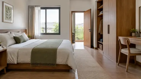 Kamar tidur dengan tempat tidur di antara jendela dan lemari
