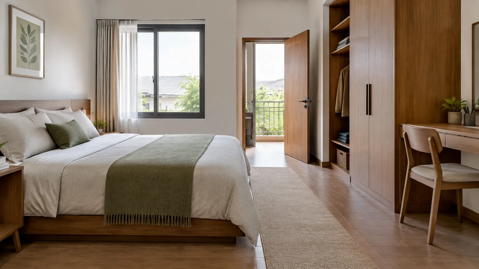 Kamar tidur dengan tempat tidur di antara jendela dan lemari