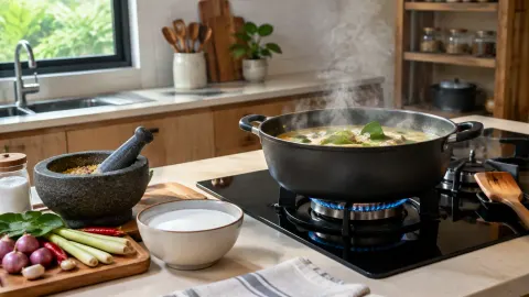 Panci dengan uap masakan di atas kompor dapur dekat jendela