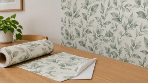 Gulungan wallpaper bermotif daun dan sampel lembaran