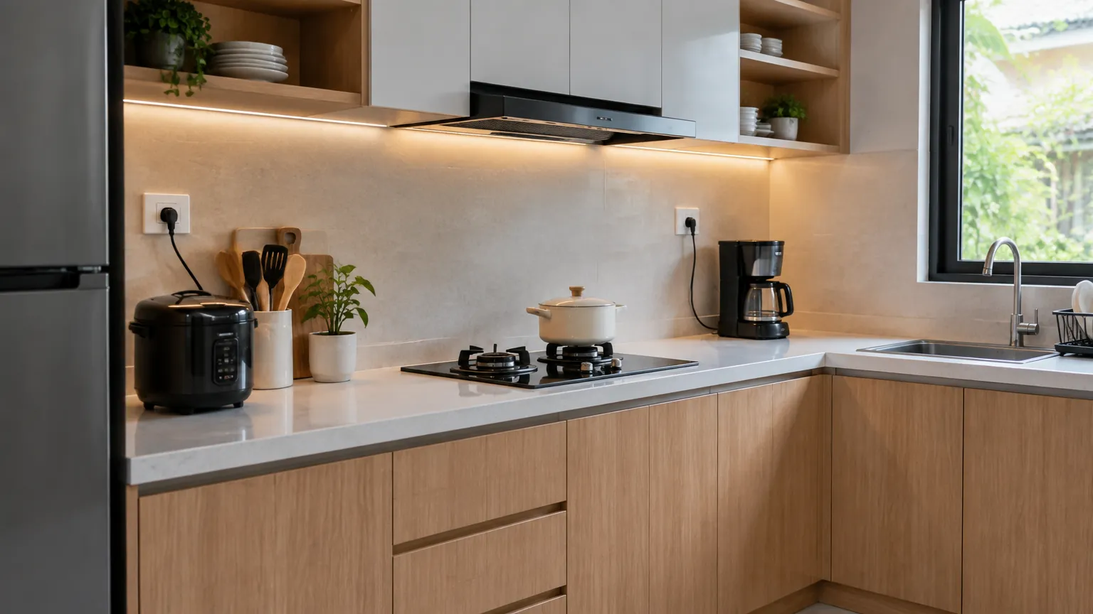 Meja kerja dapur terang dengan beberapa stop kontak