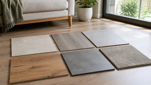 Sampel kayu, ubin, dan karpet di dekat sofa
