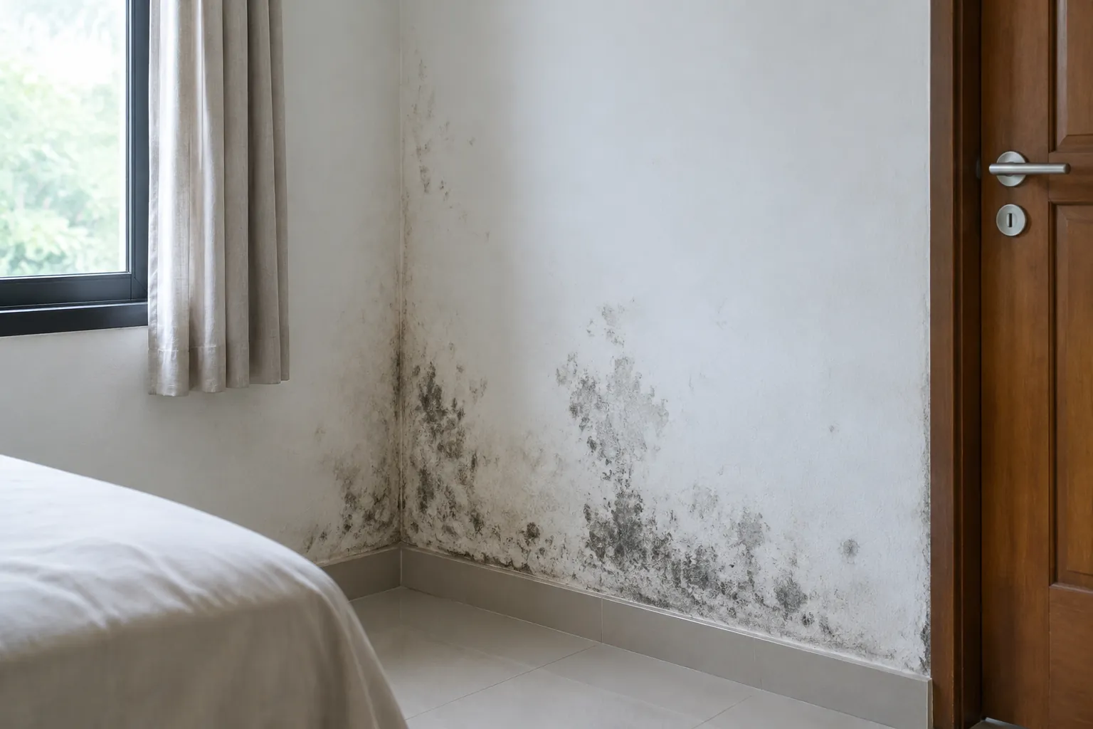 Noda pada dinding kamar dekat tempat tidur